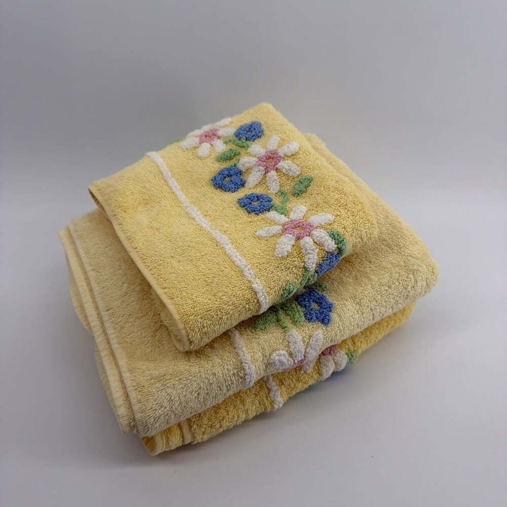 VTG Martex Towel Lot 3 pc Yellow Embroidered/Needlepoint Pink Blue White Floral